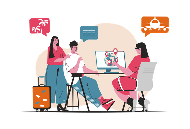 Imagen de agencia de viajes trabajando con clientes